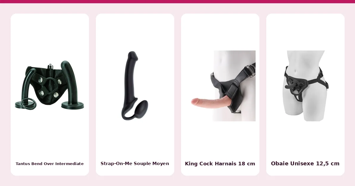 Quatre godes ceintures du classement côte à côte : Tantus Bend Over Intermediate, Strap-On-Me Souple Moyen, King Cock Harnais 18 cm et Obaie Unisexe 12,5 cm