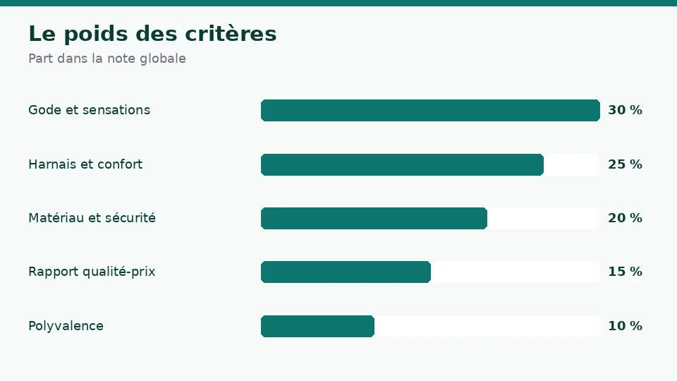 Le poids des cinq critères pour un gode ceinture : gode et sensations 30 %, harnais et confort 25 %, matériau et sécurité 20 %, rapport qualité-prix 15 % et polyvalence 10 %