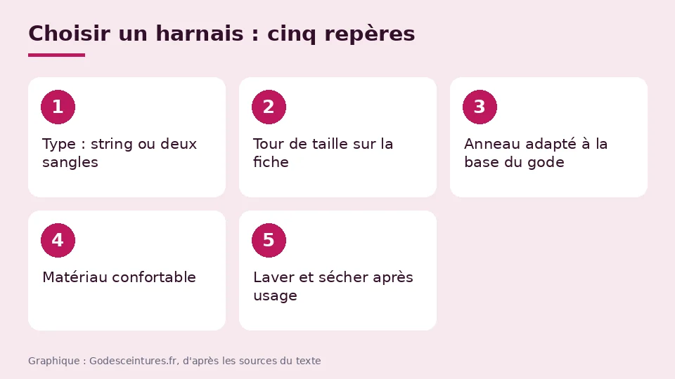 Choisir un harnais de gode ceinture en cinq repères : type string ou deux sangles, tour de taille sur la fiche produit, anneau adapté à la base du gode, matériau confortable, lavage après usage