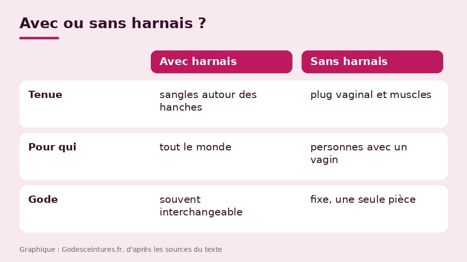 Gode ceinture avec ou sans harnais en tableau : tenue par des sangles ou par un plug vaginal, pour tout le monde ou pour les personnes avec un vagin, gode interchangeable ou fixe