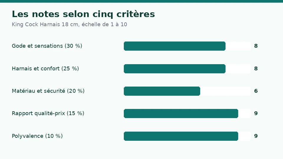 Notes de King Cock Harnais 18 cm selon cinq critères : 8 pour le gode et les sensations, 8 pour le harnais et le confort, 6 pour le matériau et la sécurité, 9 pour le rapport qualité-prix et 9 pour la polyvalence