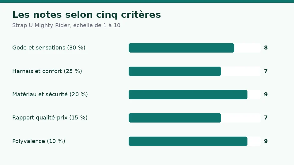 Notes de Strap U Mighty Rider selon cinq critères : 8 pour le gode et les sensations, 7 pour le harnais et le confort, 9 pour le matériau et la sécurité, 7 pour le rapport qualité-prix et 9 pour la polyvalence